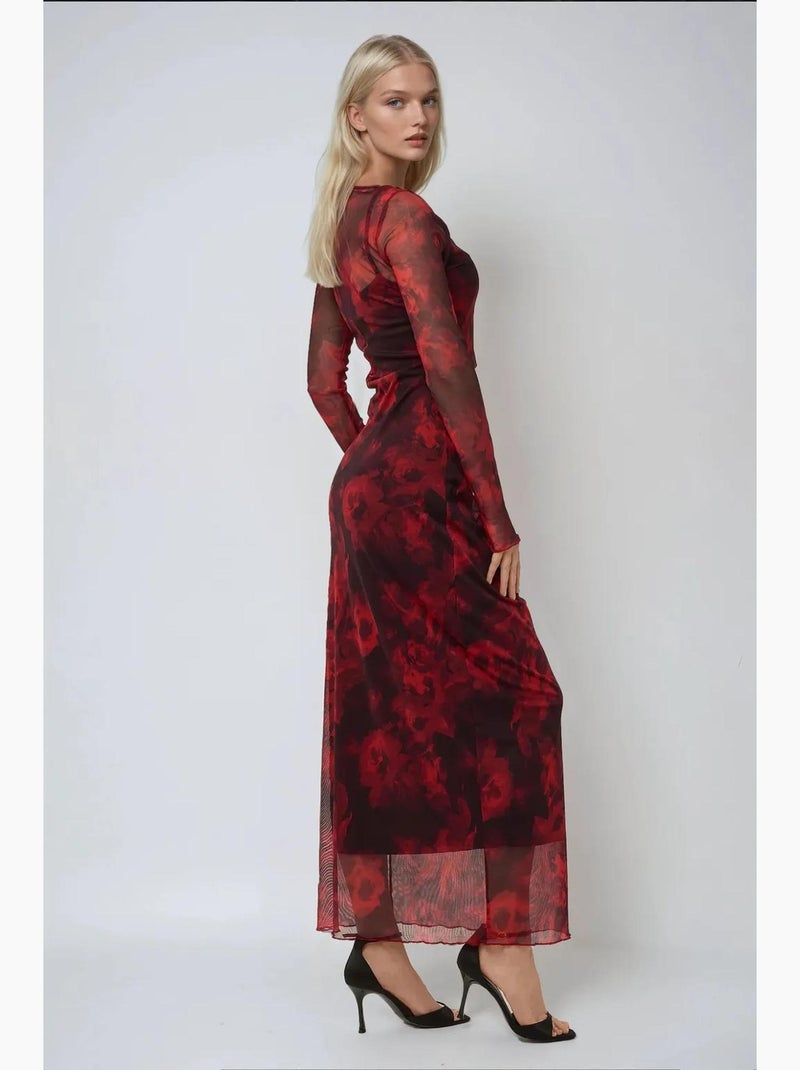 Robe longue moulante en maille à imprimé floral hiccup Rouge - Kiabi