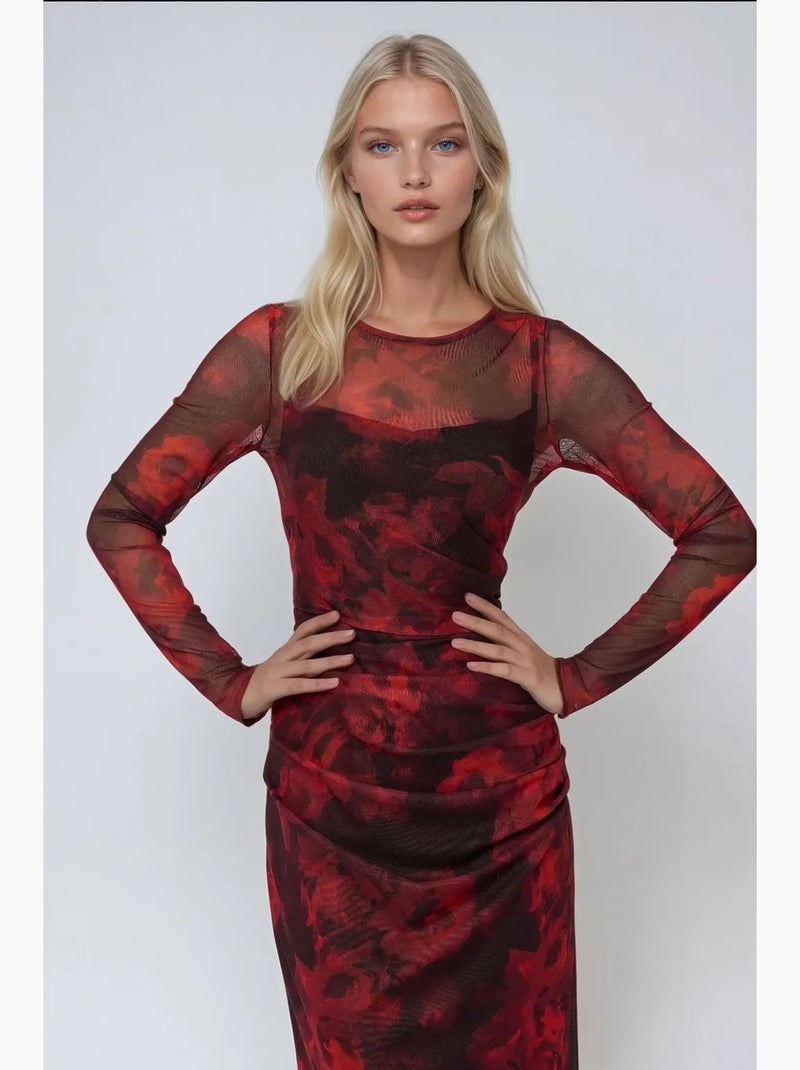 Robe longue moulante en maille à imprimé floral hiccup Rouge - Kiabi
