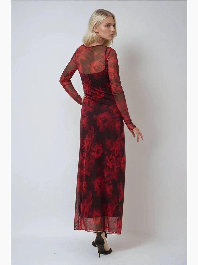 Robe longue moulante en maille à imprimé floral hiccup Rouge - Kiabi