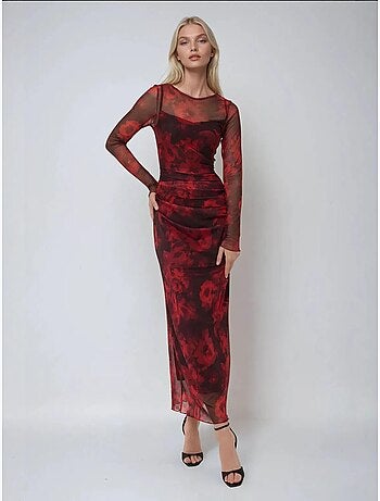Robe longue moulante en maille à imprimé floral