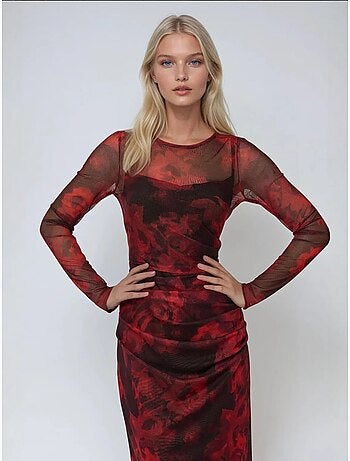 Robe longue moulante en maille à imprimé floral