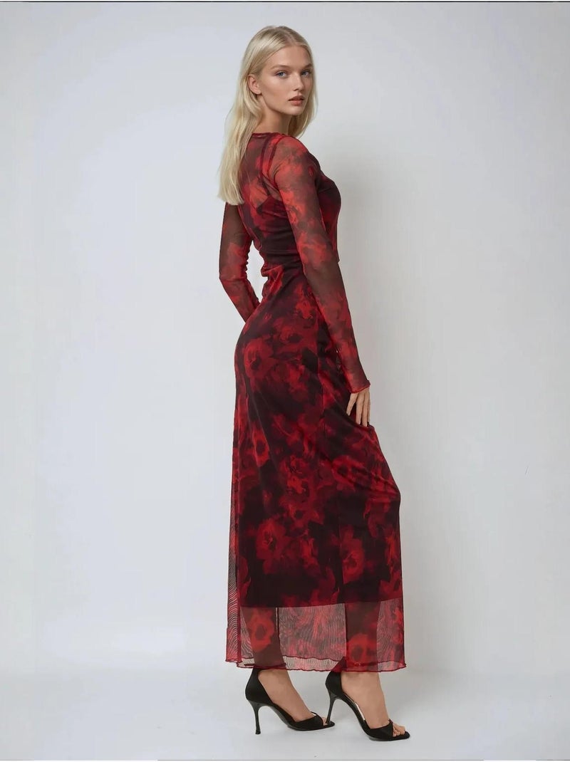 Robe longue moulante en maille à imprimé floral Rouge - Kiabi
