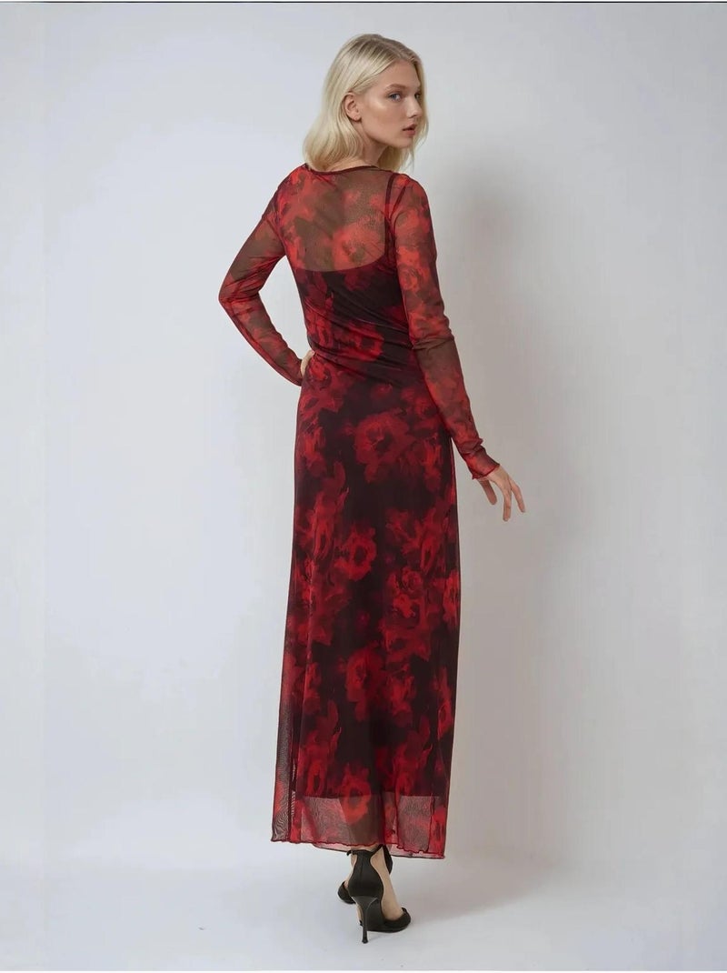 Robe longue moulante en maille à imprimé floral Rouge - Kiabi