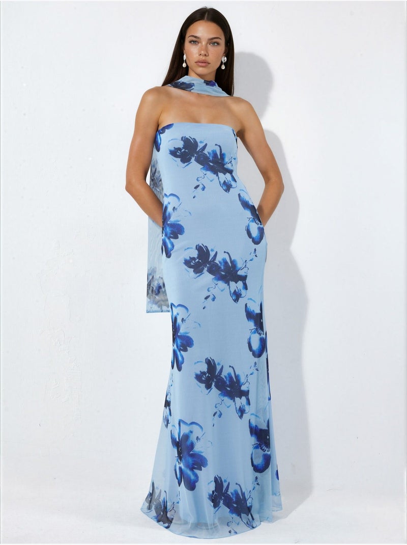 Robe longue moulante fleurie sans bretelles Bleu ciel - Kiabi