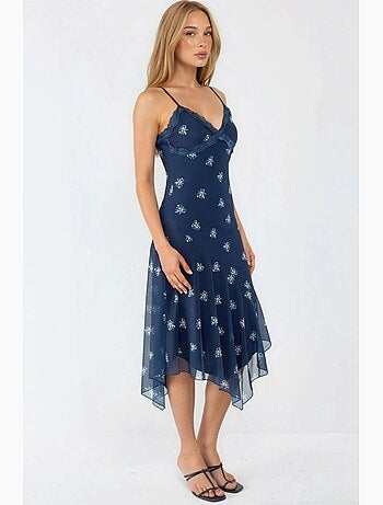 Robe longue moulante imprimée à col en v et détails en dentelle hiccup