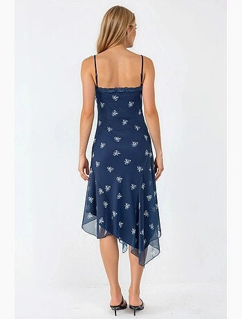 Robe longue moulante imprimée à col en v et détails en dentelle hiccup