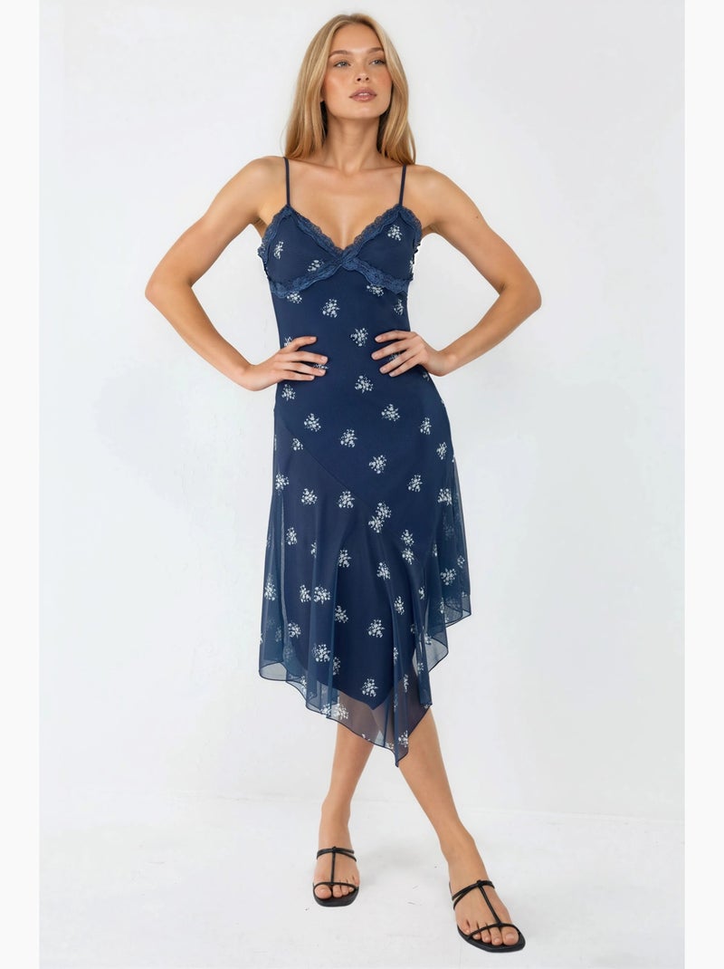 Robe longue moulante imprimée à col en v et détails en dentelle hiccup Bleu marine - Kiabi