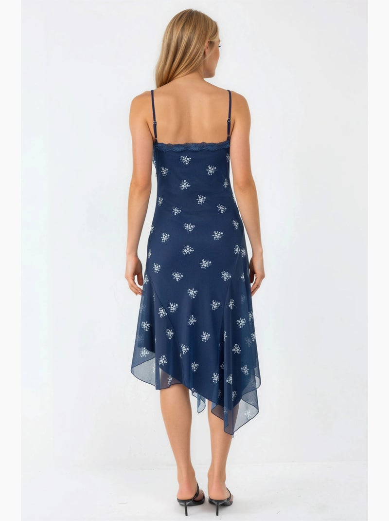 Robe longue moulante imprimée à col en v et détails en dentelle hiccup Bleu marine - Kiabi