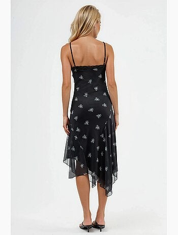 Robe longue moulante imprimée à col en v et détails en dentelle hiccup