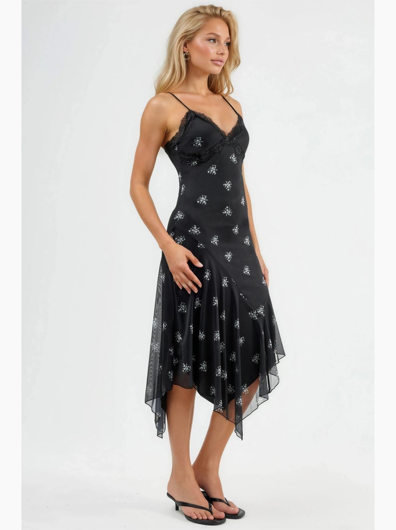 Robe longue moulante imprimée à col en v et détails en dentelle hiccup Noir - Kiabi