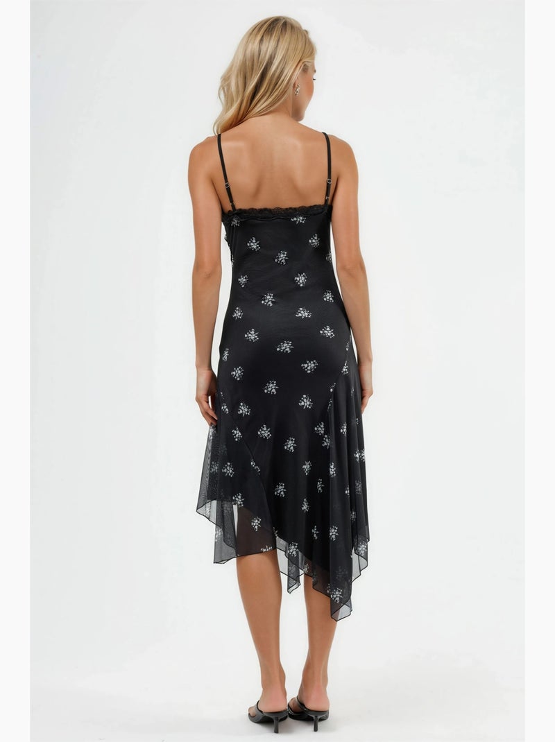 Robe longue moulante imprimée à col en v et détails en dentelle hiccup Noir - Kiabi
