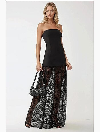 Robe longue moulante sans bretelles avec détails en dentelle hiccup