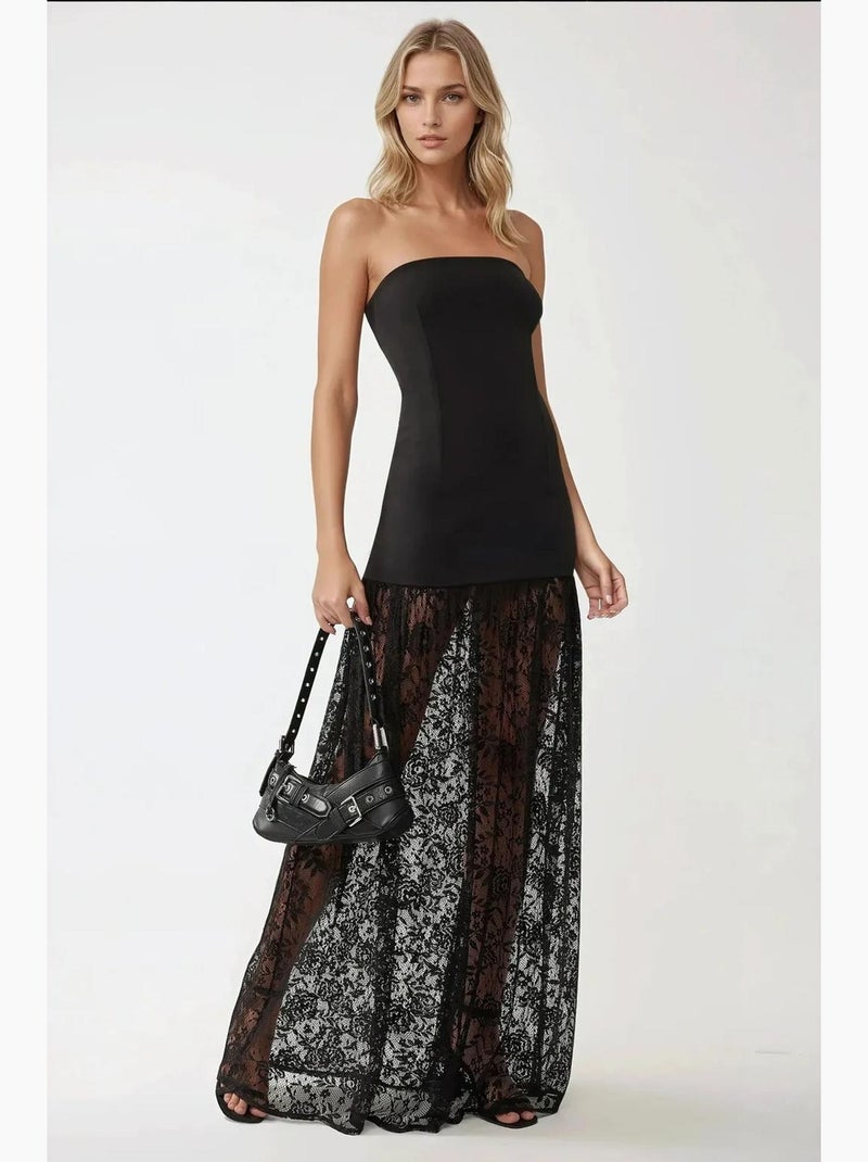 Robe longue moulante sans bretelles avec détails en dentelle hiccup Noir - Kiabi