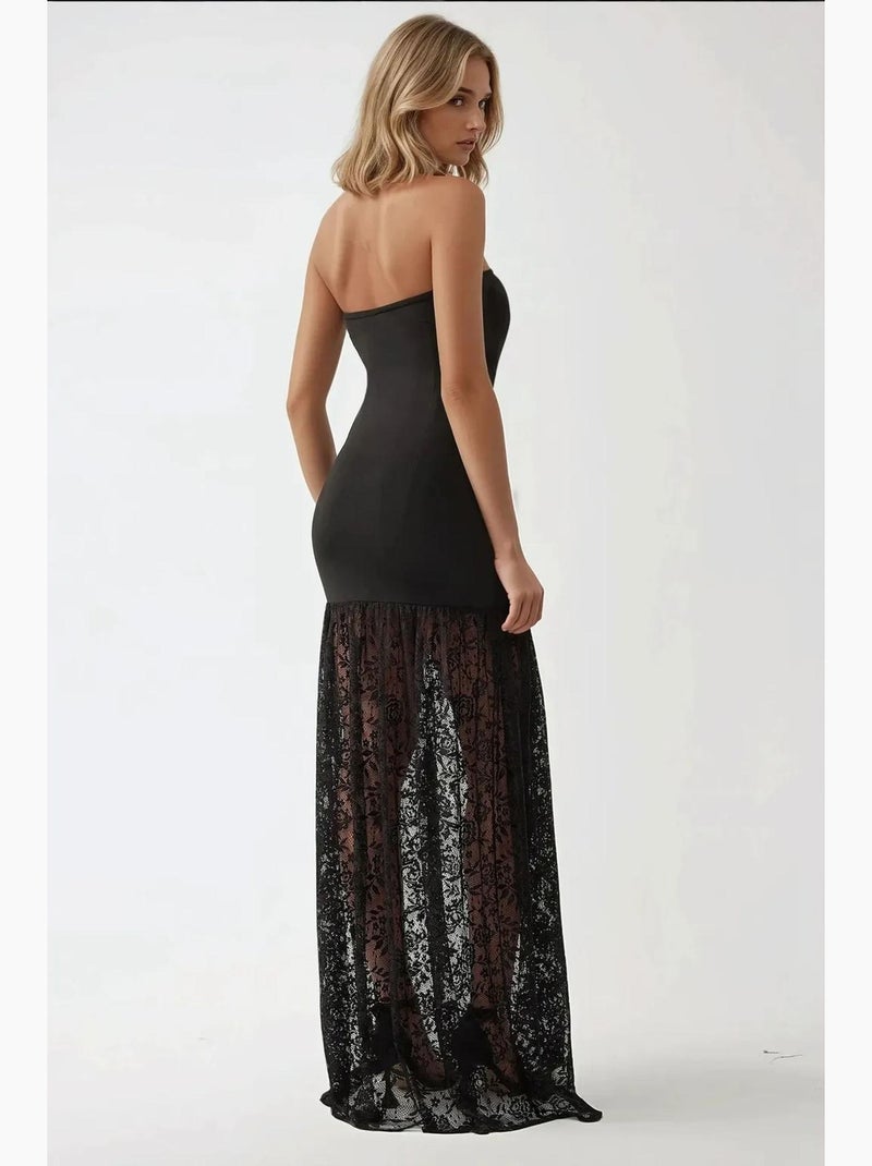 Robe longue moulante sans bretelles avec détails en dentelle hiccup Noir - Kiabi