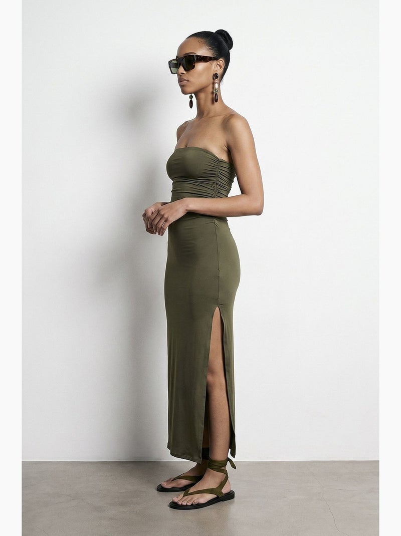 Robe longue moulante sans bretelles avec fente dilvin Kaki - Kiabi