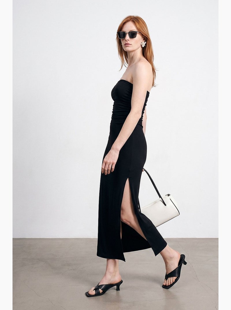 Robe longue moulante sans bretelles avec fente dilvin Noir - Kiabi