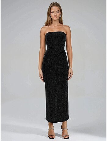 Robe longue moulante sans bretelles brillante busem
