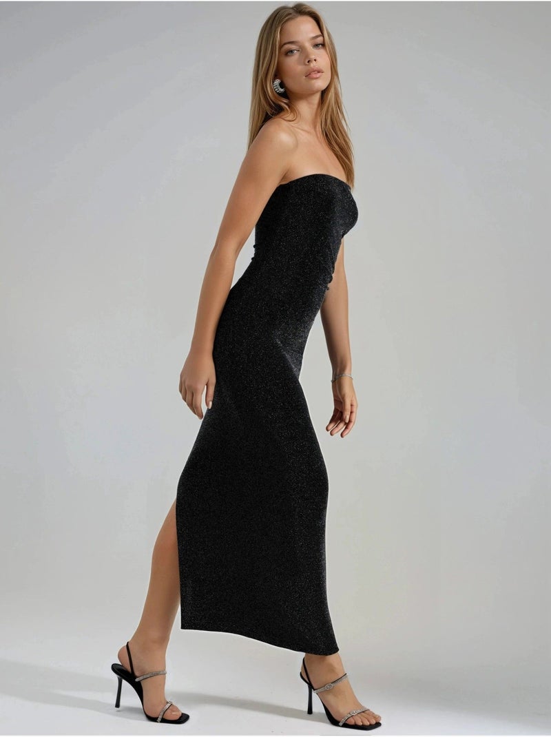 Robe longue moulante sans bretelles brillante busem Noir - Kiabi