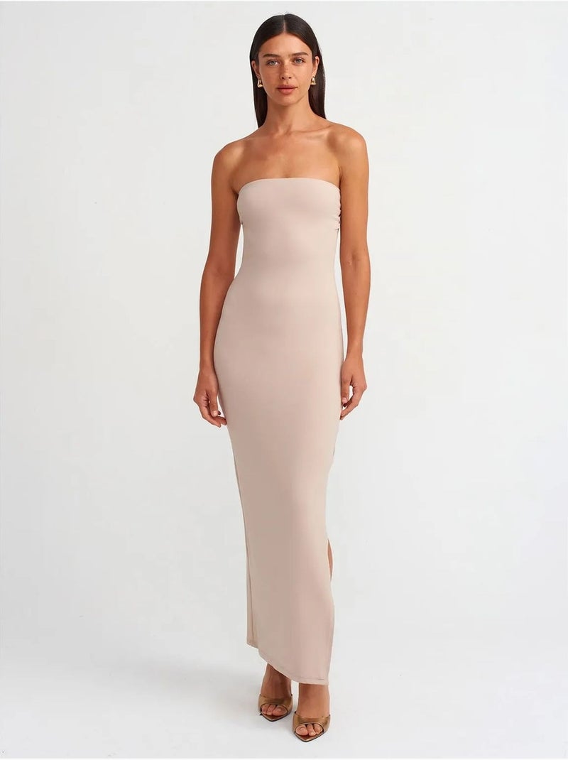 Robe longue moulante sans bretelles fendue dilvin Sable - Kiabi