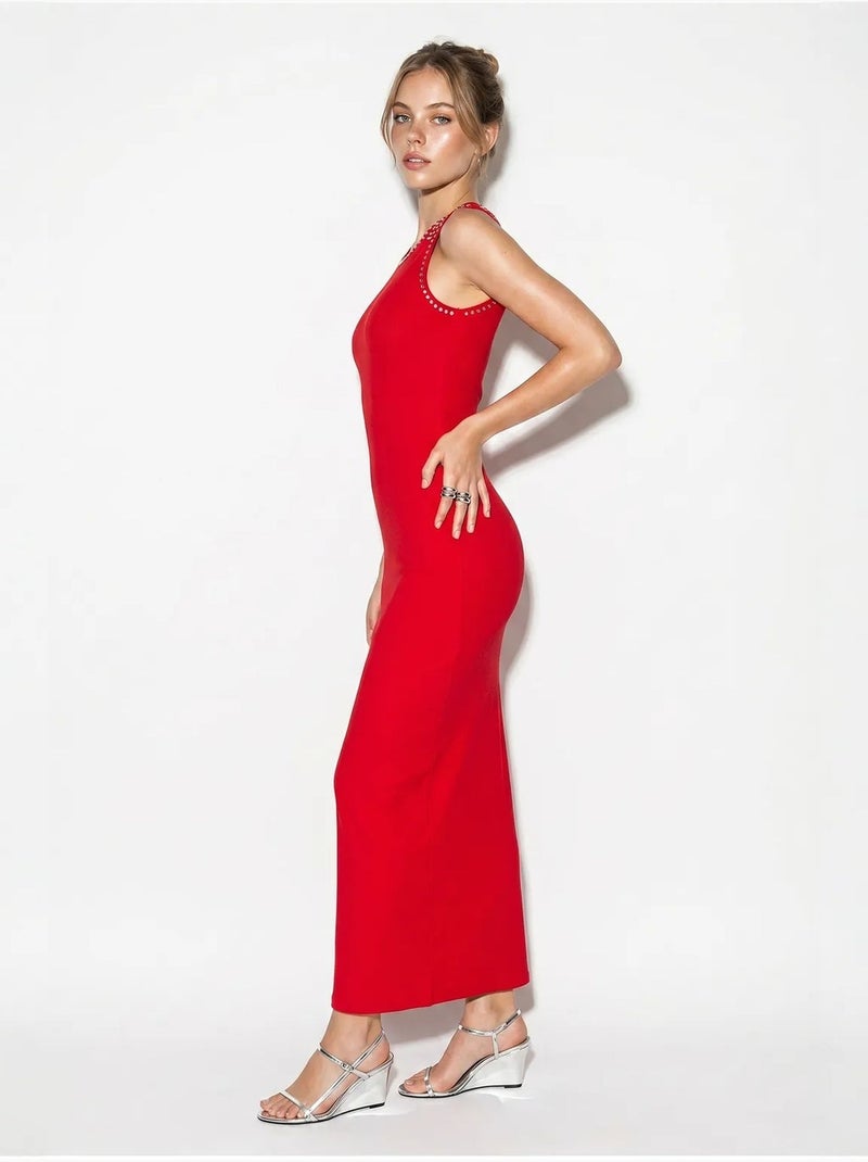 Robe longue moulante sans manches en maille côtelée lucci Rouge - Kiabi