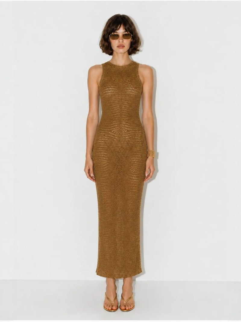 Robe longue moulante sans manches en viscose texturée lucci Camel - Kiabi