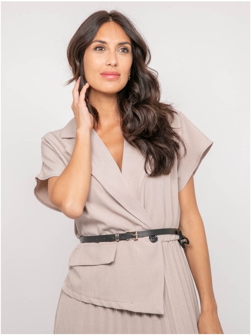 Robe longue plissée avec ceinture INARA Gris - Kiabi