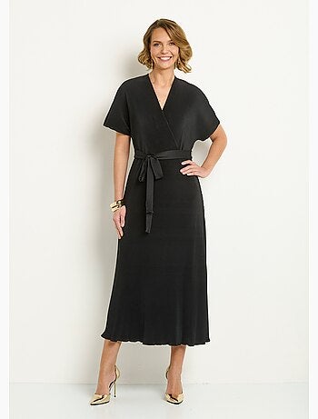 Robe longue plissée et ceinturée col V - AFIBEL