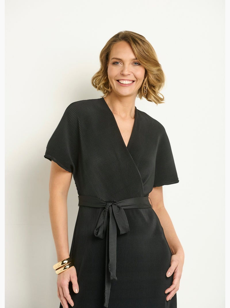 Robe longue plissée et ceinturée col V - AFIBEL Noir - Kiabi