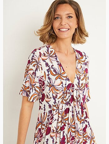 Robe longue plissée imprimée col V - AFIBEL