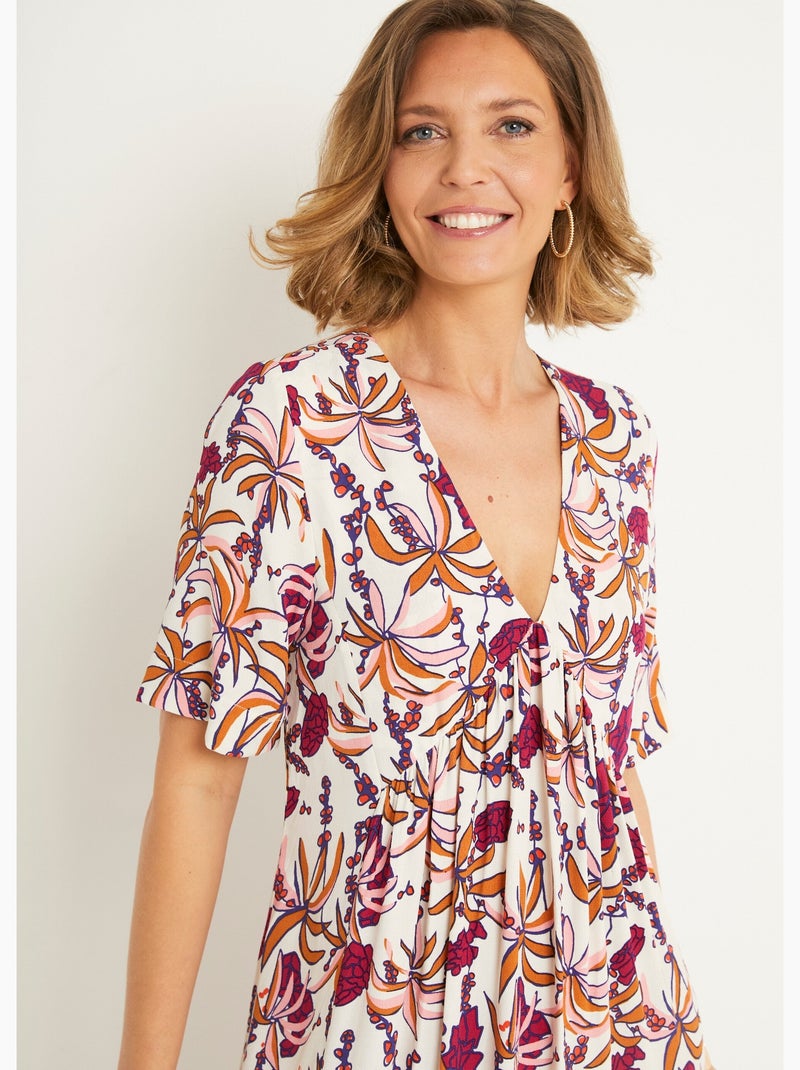 Robe longue plissée imprimée col V - AFIBEL Beige - Kiabi