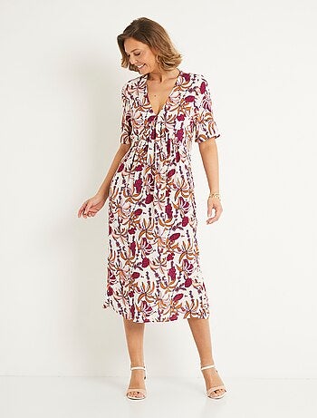Robe longue plissée imprimée col V