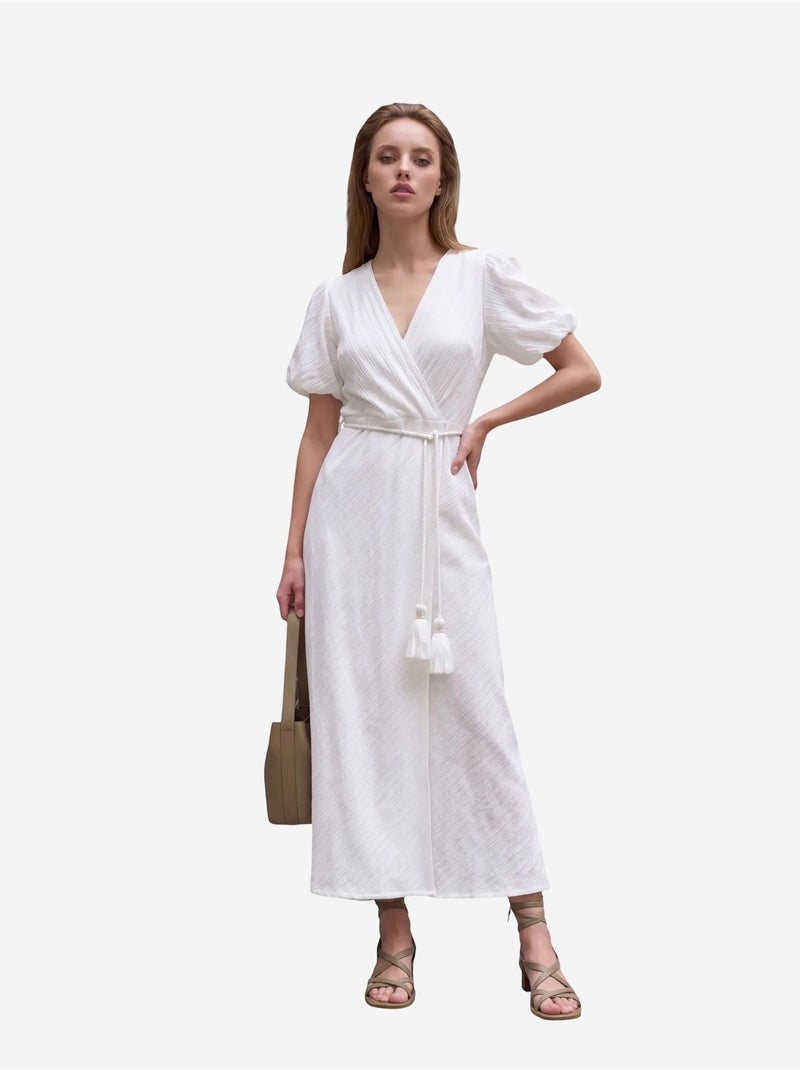Robe longue portefeuille à col en v ceinturée my fashion Blanc - Kiabi