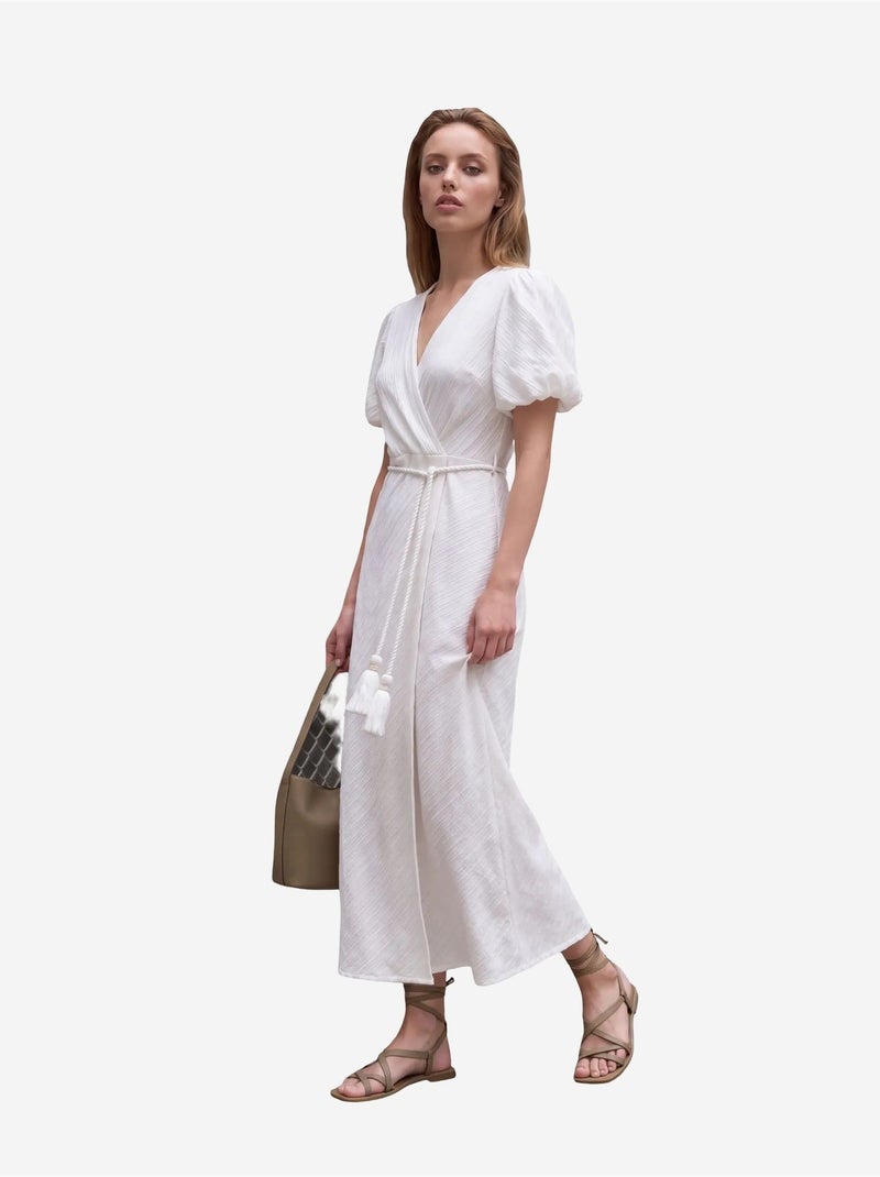 Robe longue portefeuille à col en v ceinturée my fashion Blanc - Kiabi