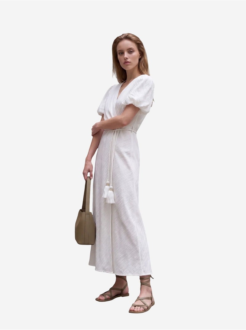 Robe longue portefeuille à col en v ceinturée my fashion Blanc - Kiabi