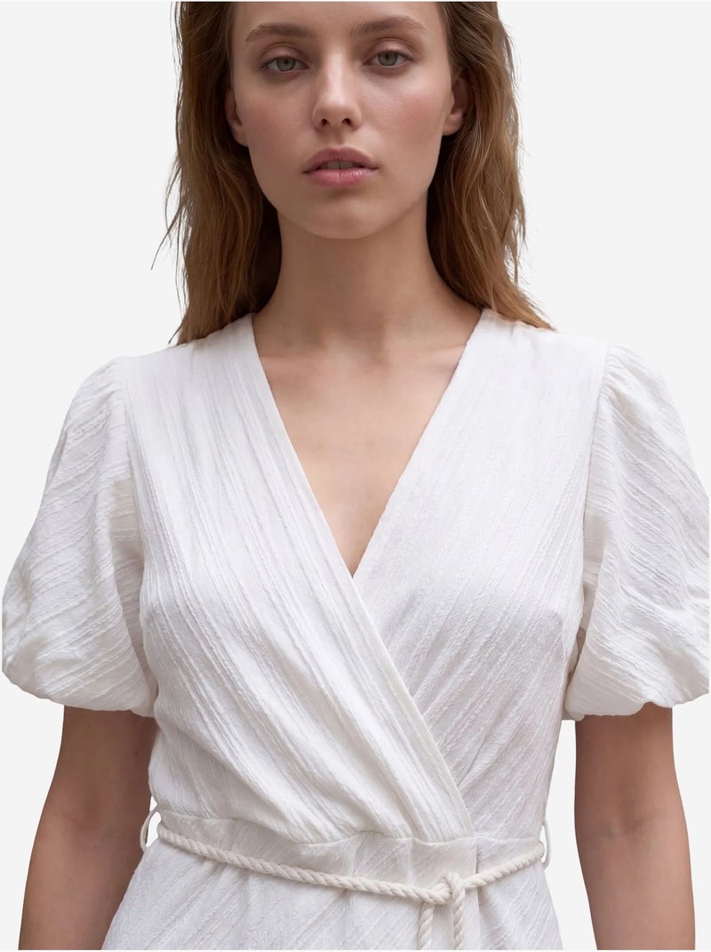 Robe longue portefeuille à col en v ceinturée my fashion Blanc - Kiabi