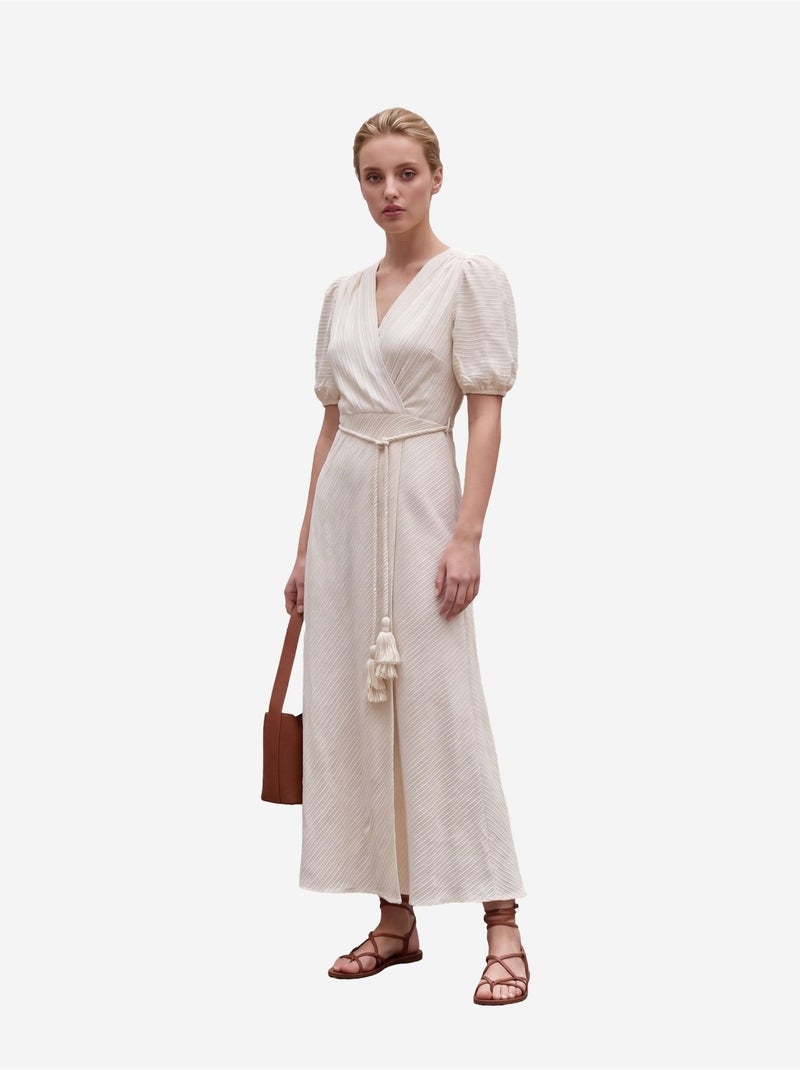 Robe longue portefeuille à col en v ceinturée my fashion Crème - Kiabi