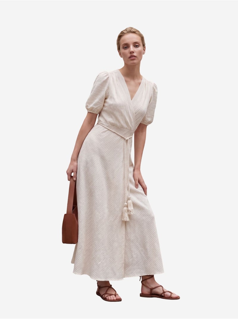 Robe longue portefeuille à col en v ceinturée my fashion Crème - Kiabi