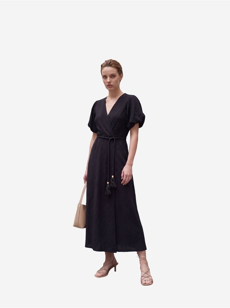 Robe longue portefeuille à col en v ceinturée my fashion Noir - Kiabi
