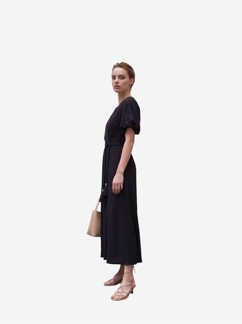 Robe longue portefeuille à col en v ceinturée my fashion Noir - Kiabi