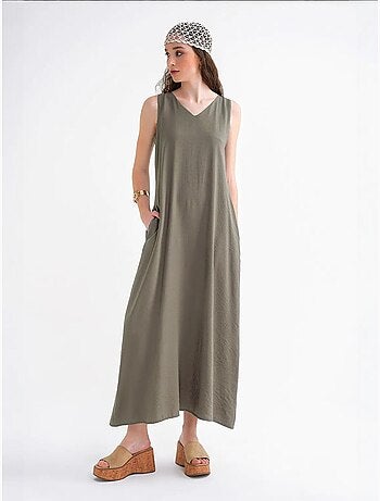 Robe longue sans manches à col en v et poches mixray