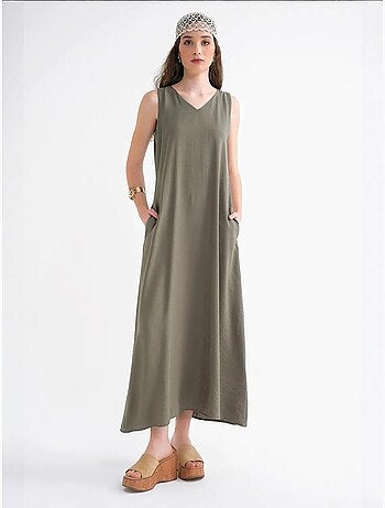 Robe longue sans manches à col en v et poches mixray