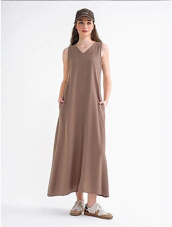 Robe longue sans manches à col en v et poches mixray