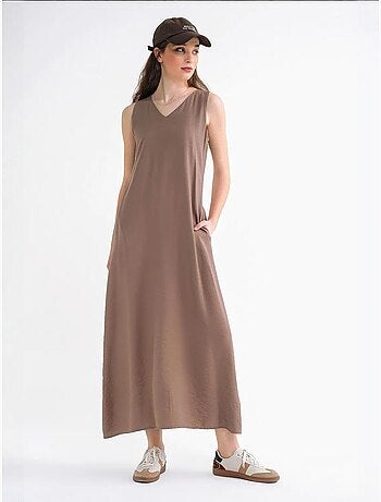 Robe longue sans manches à col en v et poches mixray