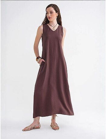 Robe longue sans manches à col en v et poches mixray