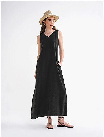 Robe longue sans manches à col en v et poches mixray