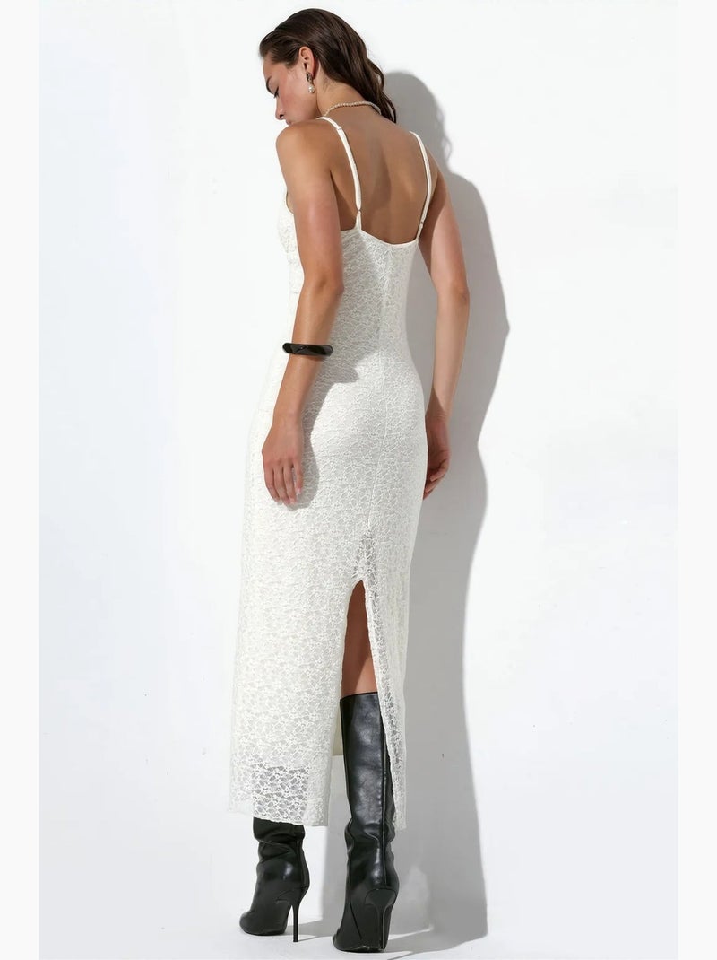 Robe longue sans manches à col v et détail dentelle busem Ivoire - Kiabi