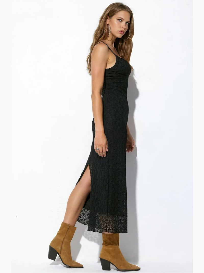 Robe longue sans manches à col v et détail dentelle busem Noir - Kiabi