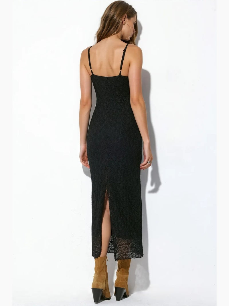 Robe longue sans manches à col v et détail dentelle busem Noir - Kiabi