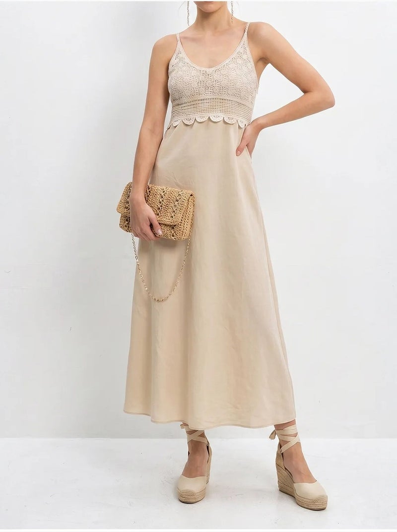 Robe longue sans manches coupe trapèze avec dentelle lucci Beige argile - Kiabi