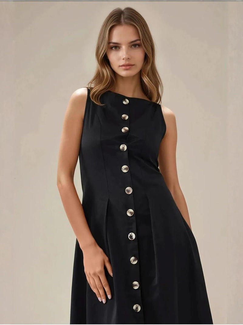 Robe longue sans manches en forme de a avec détails boutonnés Noir - Kiabi